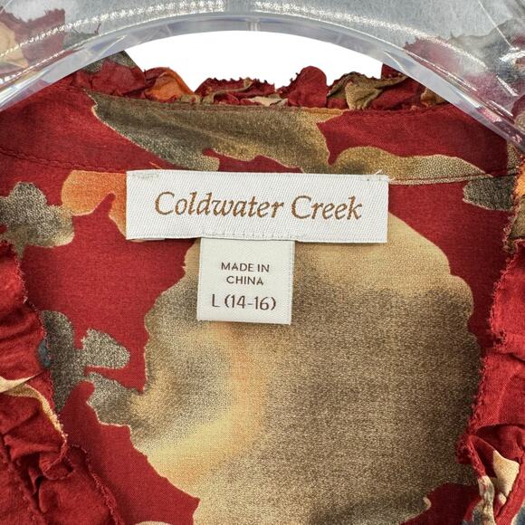 Coldwater Creek Red Floral Print Cotton Silk Blend Long Sleeve Lightweight Top - Picture 11 of 13